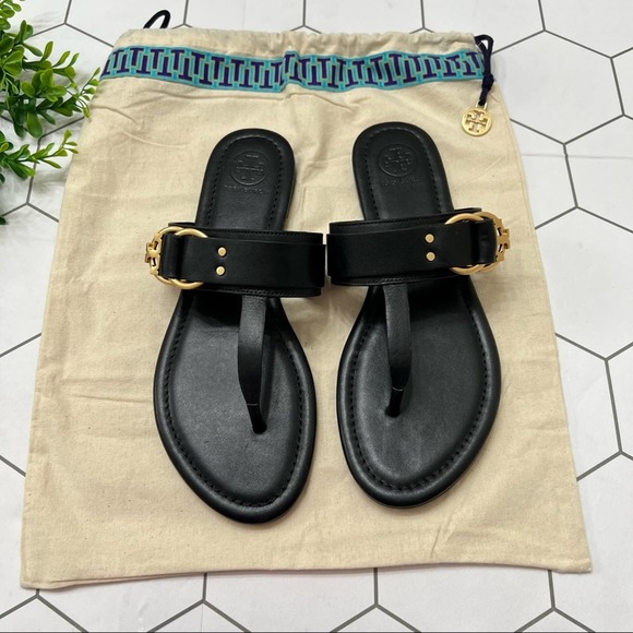Tory Burch Marsden Flat Thong Sandal 7 black with gold buckle. - Picture 2 of 8
